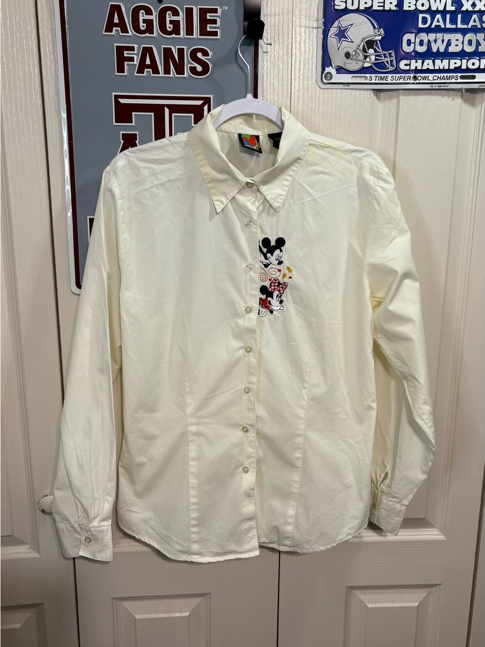 Disney Cream Button-Down Shirt with Mickey & Minnie Embroidery